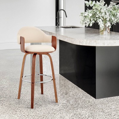 Daxton 26" Cream Faux Leather and Walnut Wood Swivel Bar Stool