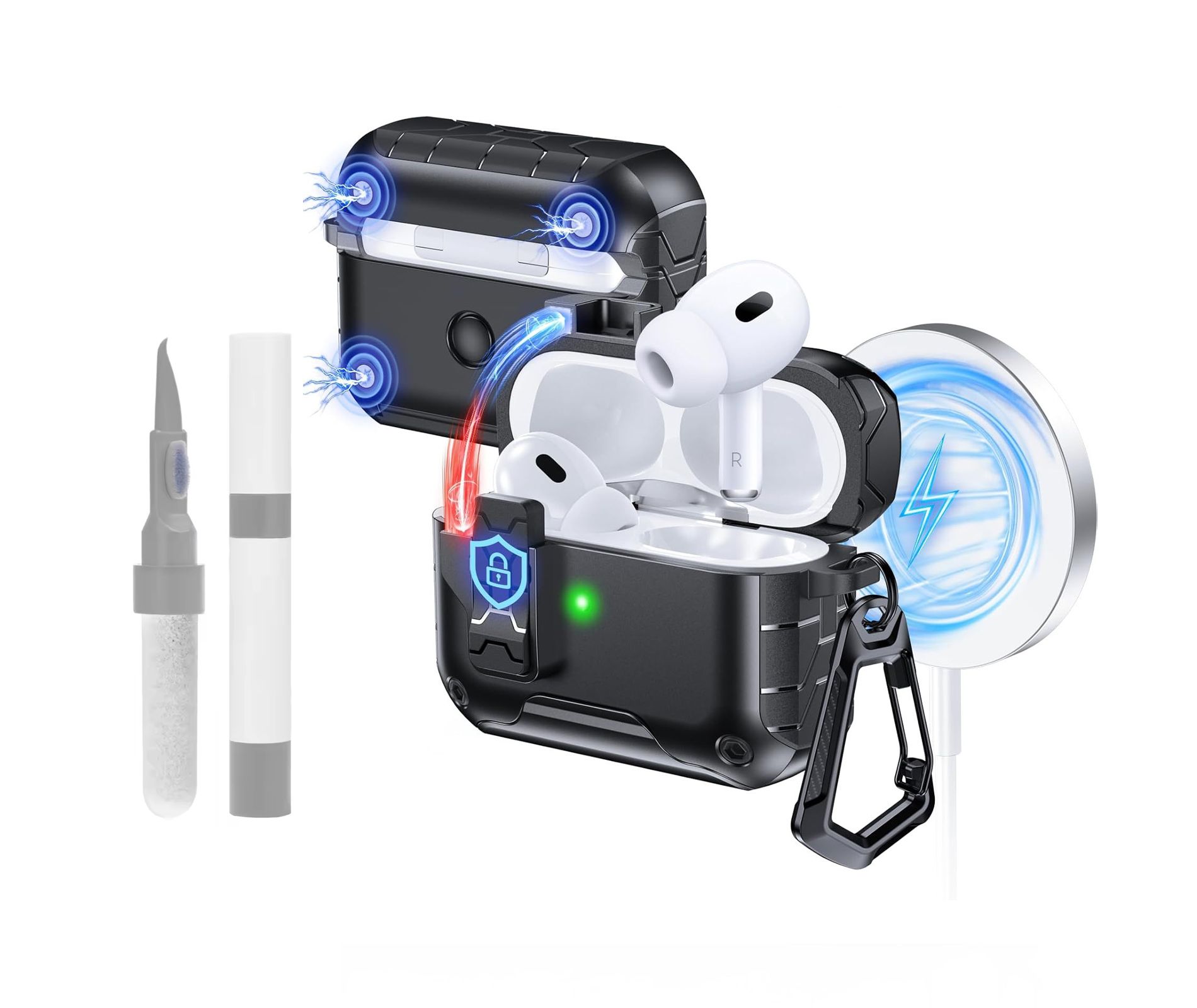 HTUTWOO Airpods Pro 3rd Automatic Opening Protective Case Full-Body Protective with Built-in Magnets and Carabiner
