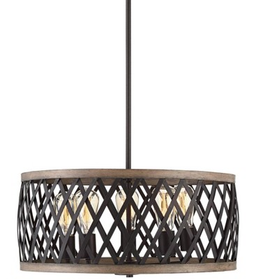 Franklin Iron Works Woodgrain Bronze Pendant Chandelier 20" Wide 5-Light Modern Industrial Drum Dining Room Foyer Kitchen Island