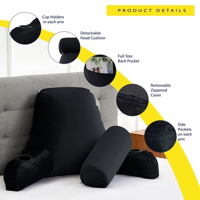 Extra Large Black Velvet Reading Pillow with Cup Holders