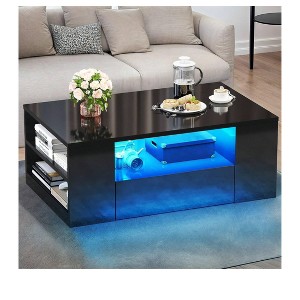 Modern Coffee Table For Living Room High Gloss LED Coffee Table Wood Center Table With 2 Sliding Drawers And Open Side Shelf - 1 of 4