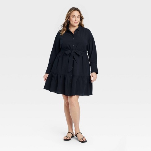 Women's Long Sleeve Button-front Mini Shirtdress - Ava & Viv™ Black Xxl :  Target