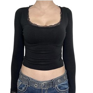 Women's Lace Trim Square Neck Long Sleeve T-Shirt Slim Fit Crop Tops - 1 of 3