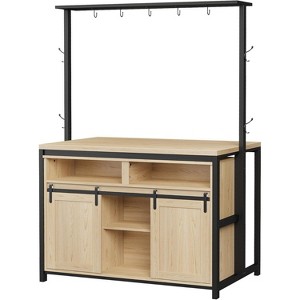Acekool 42'' Kitchen Island Table with Power Outlets, Sliding Barn Door, Storage Shelves, Hooks, Large Dining Prep Counter, Wood color - 1 of 4