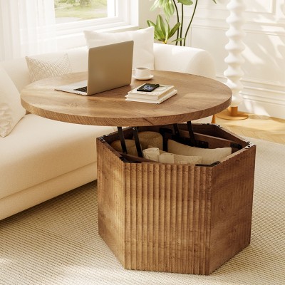 WOWLIVE Lift Top Fluted Coffee Table with Storage, Hexagon Wood Accent Cocktail Table for Living Room