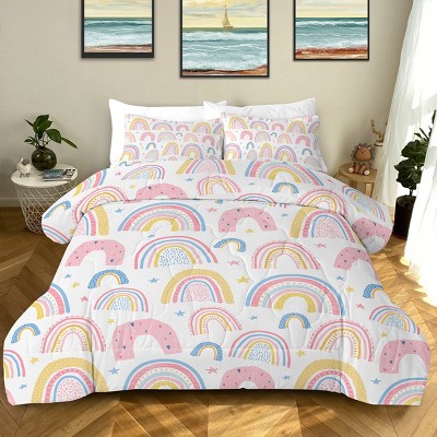 Boersma Rainbow Pattern Comforter Set Pink and Yellow Rainbow Star Comforter 3 Piece with 2 Pillow Shams(1 Comforter and 2 Pillow Shams) Twin Size