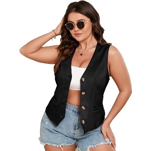 Garvee Womens Plus Size Button Vintage Vests Jacket V-Neck Faux Suede Cardigan Outerwear with Pockets - 1 of 4