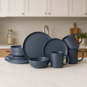 SEVOBAL 12-Piece Stoneware Dinnerware Set with Mug Microwave Dishwasher Friendly Stackable Matte Glaze Plates Bowls Service for 3, Blue, 10"*10"*2.4" - 1 of 4