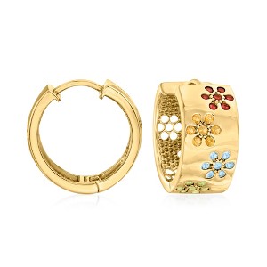 Ross-Simons 1.20 ct. t.w. Multi-Gemstone Flower Huggie Hoop Earrings in 18kt Gold Over Sterling - 1 of 3