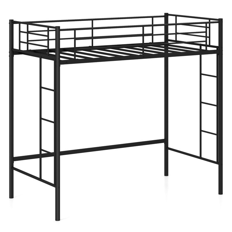 Tangkula Metal Twin Size Loft Bed Heavy Duty Loft Bed Frame with Safety Guardrail 2 Integrated Ladders Space-Saving Design Black/Silver/White, 1 of 9