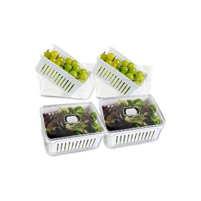 OU Fridge Organizer Bins with Drain Basket & Vented Lid, Clear Stackable Refrigerator Storage Container, Produce Kitchen Storage Bin, BPA Free, 4 Pack