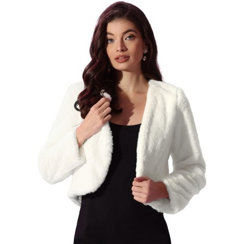INSPIRE CHIC Women's Long Sleeve Open Front Cropped Winter Faux Fur Jacket Small White