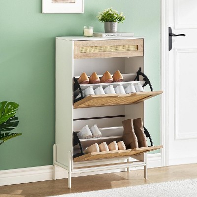 2-Door Rattan Shoe Cabinet w/Drawer - Holds 12-15 Pairs, Narrow Entryway Organizer for Hallway/Living Room