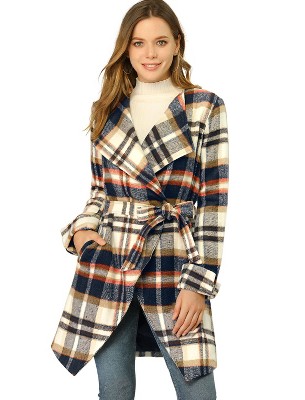 INSPIRE CHIC Women's Shawl Collar Belted Asymmetrical Hem Plaid Coat