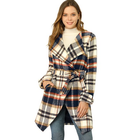 Allegra K Women's Shawl Collar Belted Asymmetrical Hem Plaid Coat