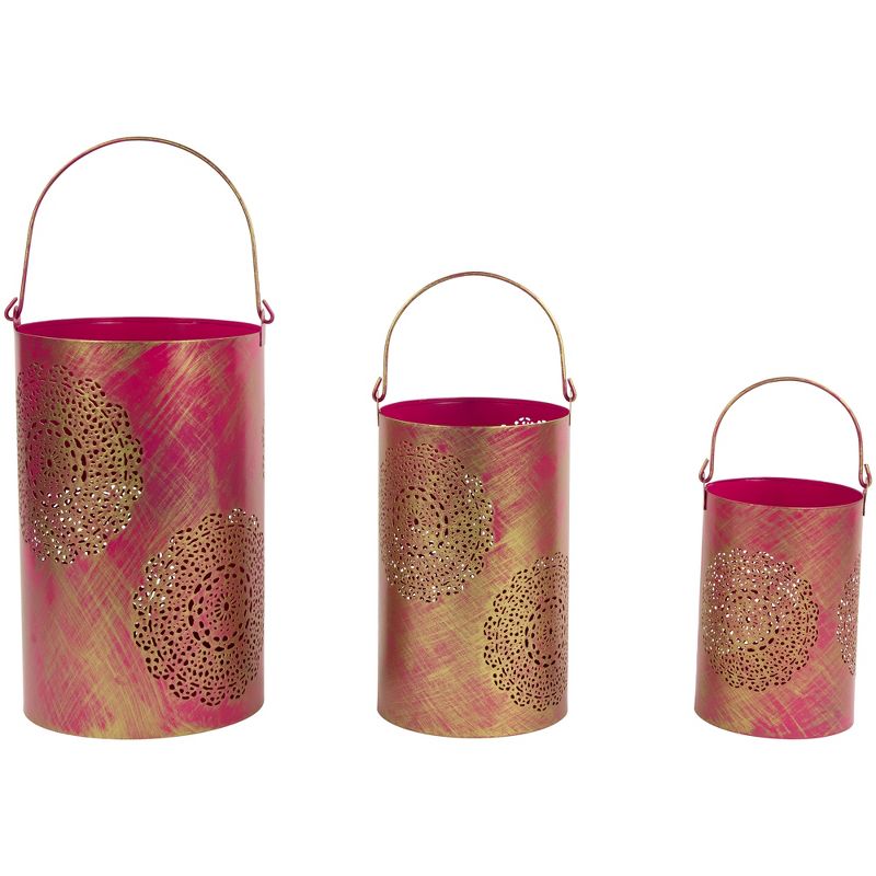 Northlight Set of 3 Fuchsia Pink and Gold Floral Laser-Cut Pillar Candle Lanterns, 1 of 7
