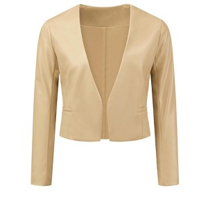 INSPIRE CHIC Women's Collarless Open Front Faux Pocket Faux Leather Crop Moto Jackets - 1 of 4