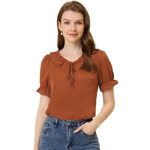 INSPIRE CHIC Women's Tie Ruffle V Neck Puff Sleeve Casual Blouse - 1 of 4
