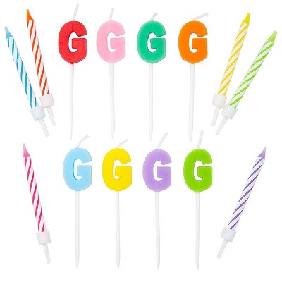 Blue Panda 96-Piece Letter G and Colored Stripes Birthday Cake Candles Set with Holders for Party Decorations