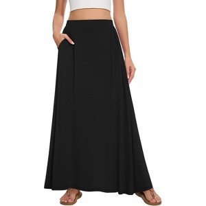Women's 2025 Maxi A-Line Skirt - Elastic High Waist Flowy Long Skirt with Pockets Black - 1 of 4