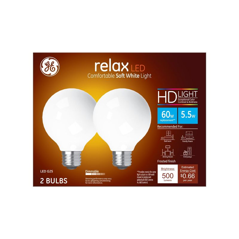 GE 2pk 5.5W 60W Equivalent Relax LED HD Globe Light Bulbs Soft White, 3 of 5
