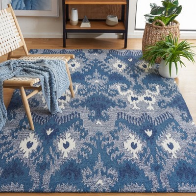 Blue and Ivory Hand-Tufted Wool Ikat Area Rug