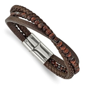 Black Bow Jewelry Stainless Steel, Brown Tiger's Eye & Brown Leather Bracelet, 8.25 Inch - 1 of 4