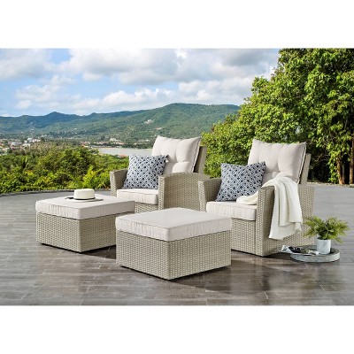 4pc Canaan All Weather Wicker Outdoor Seating Set with Two Chairs and Two Large Ottomans Cream - Alaterre Furniture