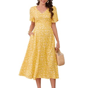 Maternity Dress Ruffle Short Sleeve V Neck Summer Floral Midi Dress for Baby Shower Photoshoot - 1 of 4