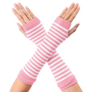 Allegra K Women's Stripe Print Knitted Fingerless Elbow Length Gloves Warmers One Size 1 Pair - 1 of 4
