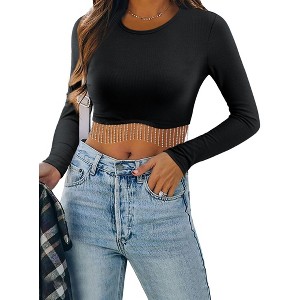 Nlife Women Casual Round Neckline Solid Color Long Sleeve Tassel Trim Crop Top - 1 of 4