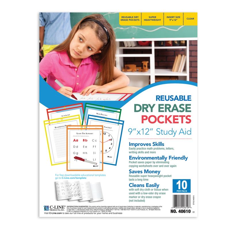 C-Line® Reusable Dry Erase Pockets, Primary Colors, 9 x 12, Pack of 10, 4 of 5