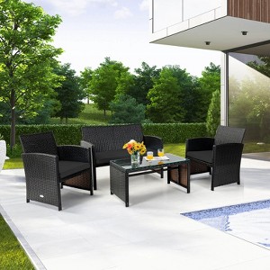 Costway 4PCS Patio Rattan Furniture Set Cushioned Chair Sofa Coffee Table White/Navy/Turquoise/Red - 1 of 4