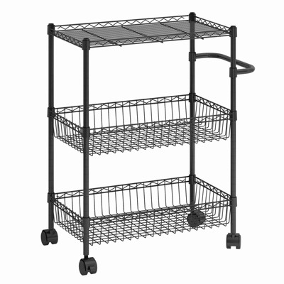 3 Tier Rolling Storage Cart, Adjustable Wire Storage Shelving Unit, Kitchen Cart On Wheels with Basket and Handle, for Laundry Bathroom Pantry Room