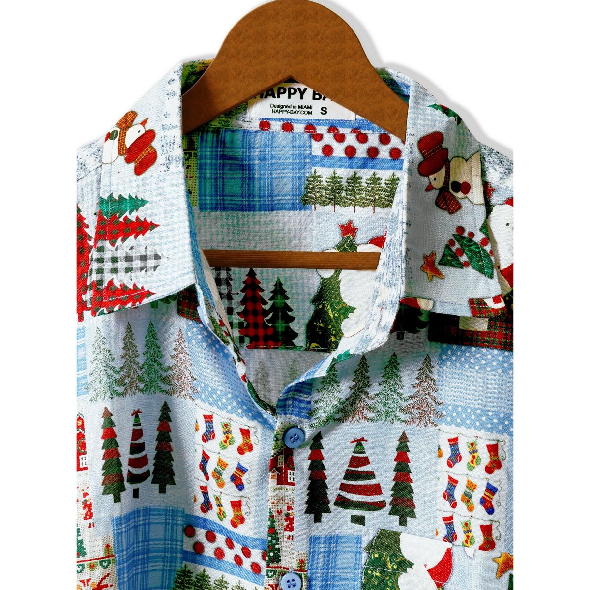 HAPPY BAY Men's Holiday Beach Short Sleeve Vacation Hawaii Santa Claus Party Holiday Shirt Hawaiian Christmas Tree Shirts for Men XXL Blue - thumbnail 3