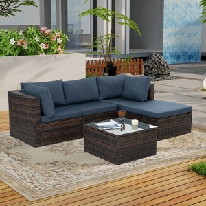 Patio Furniture, Outdoor Furniture, Seasonal PE Wicker Furniture, 5 Set Wicker Furniture With Tempered Glass Coffee Table - 1 of 4