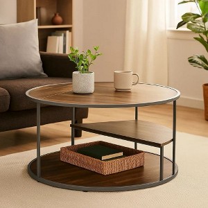 Royal Hampton 35 Inch 3 Tier Round Brown Coffee Table, Half Shelf Design, Gray Frame - 1 of 4