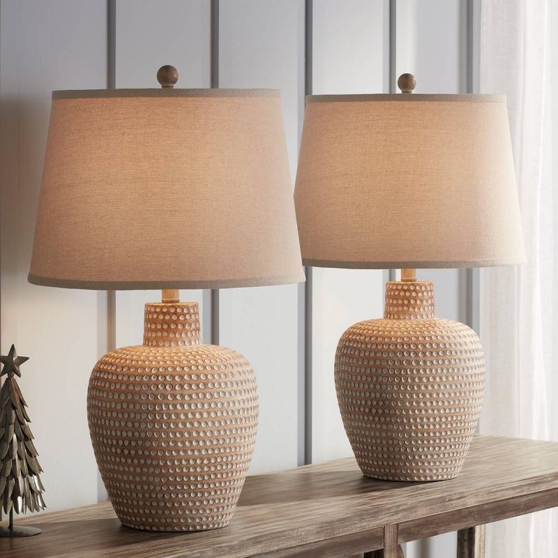 Regency Hill Glenn Rustic Farmhouse Table Lamps 27" Tall Set of 2 Dappled Sandy Beige Oatmeal Fabric Drum Shade for Bedroom Living Room Bedside Office, 2 of 8