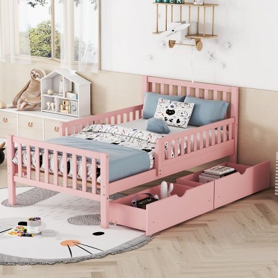 Twin Size Wood Platform Bed with Guardrails and Two Storage Drawers, Slatted Base, Classic Style for Kids-Maison Boucle
