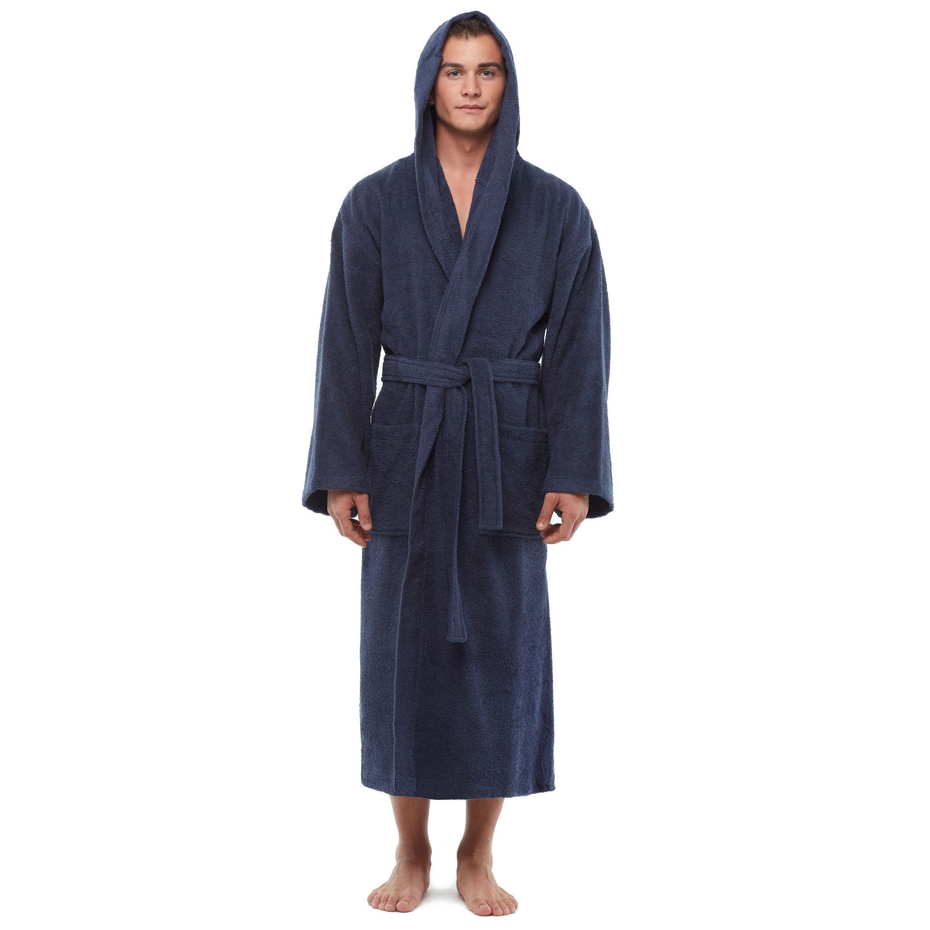 Arus Men's Turkish Cotton Hooded Robe, Absorbent Terry Cloth Bathrobe with Hood , Dark Blue , Small/Medium