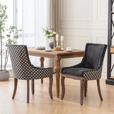 Mid-Century Modern Upholstered Dining Chairs Set of 2 with Patterned Fabric,Bronze Nailhead and Solid Wood Legs for Dining Room-Baofuwish