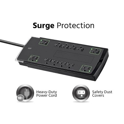 Black Slim 12-Outlet Surge Protector Power Strip with 10-Foot Cord