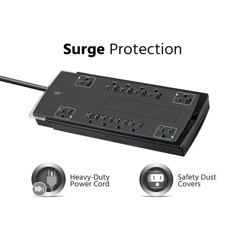 Monoprice 12 Outlet Slim Surge Protector Power Strip - 10 Feet - Black | Heavy Duty Cord | UL Rated, 4,230 Joules With Grounded And Protected Light, 2 of 7