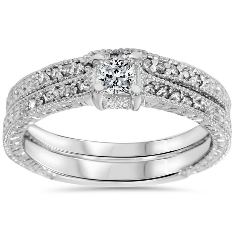 Pompeii3 3/4ct Vintage Princess Cut Diamond Ring Set 14K White Gold, 1 of 6
