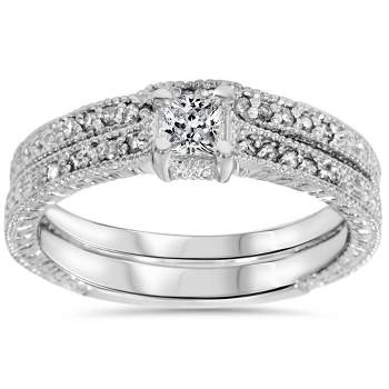 Pompeii3 3/4ct Vintage Princess Cut Diamond Ring Set 14K White Gold