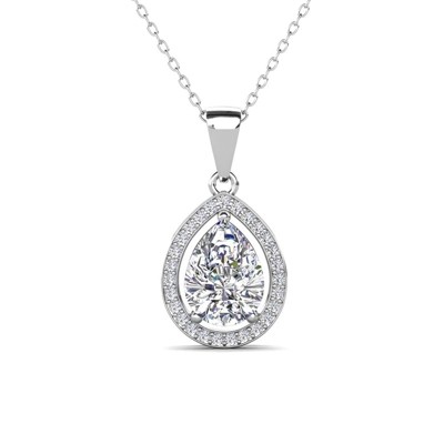 18k white gold plated pendant necklace with simulated diamond crystals, teardrop shape