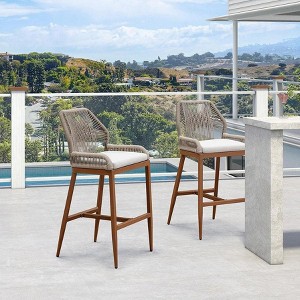 PURPLE LEAF Patio Sunbrella Bar Stools Set of 2 Handwoven Wicker Bar Height Stool Modern Aluminum Outdoor Wicker Barstools with Back and Cushion - 1 of 4
