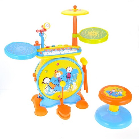 Juztoys 2 in 1 Electronic Drum Set For Kids Keyboard Piano With Stool And Microphone Educational Musical Instruments For Kids Blue yellow Target