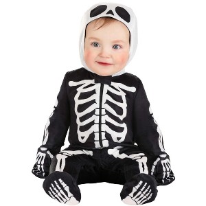 HalloweenCostumes.com 6/9mo   Baby Skeleton Jumpsuit | Infant Halloween Costume With Hood And Attached Mitts | Cute & Spooky, White/Black - 1 of 2