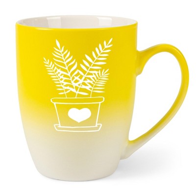 Elanze Designs Botanical Foliage Nature Coffee Cup Mug 12 Ounce Ceramic With Ombre Gradient Elegant Minimalist Fern in Heart Planter Silhouette Yellow